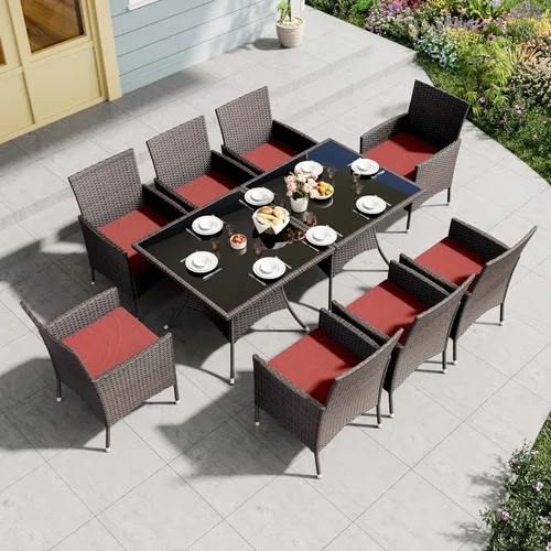 Vista 12 de Juego de 10 piezas de comedor para patio al aire libre, mesa de patio y sillas de ratán con agujero para paraguas, juego de mesa de comedor para 8