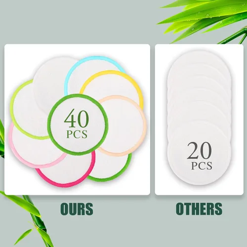 Vista 3 de XSEINO Almohadillas desmaquillantes reutilizables (paquete de 40) con material de fibra de bambú natural lavable, almohadilla de algodón de bambú