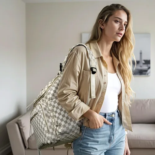 Vista 2 de Omanmoli Bolsa de pañales a cuadros, mochila grande de cuero para pañales con 17 bolsas organizadoras, cambiador, correas para cochecito, 4 Beige