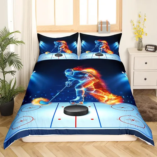 Vista 3 de Manfei Juego de funda de edredón de hockey tamaño individual, juego de ropa de cama de jugador de hockey sobre fuego y agua, 2 piezas para niños