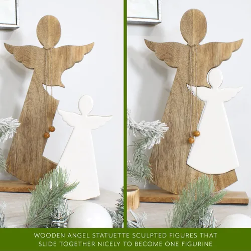 Vista 3 de AuldHome Design Estatua de ángel de anidación esmaltada de madera; figura de decoración navideña de granja primitiva