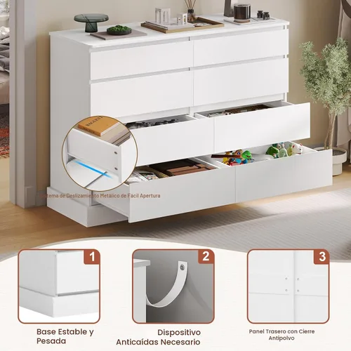 Vista 5 de Hasuit Cómoda Blanca para Dormitorio, Cómoda Larga con 8 Cajones, Cómodas de Madera de 51.5''W Cofre de 8 Cajones, Armario de Almacenamiento de Ropa