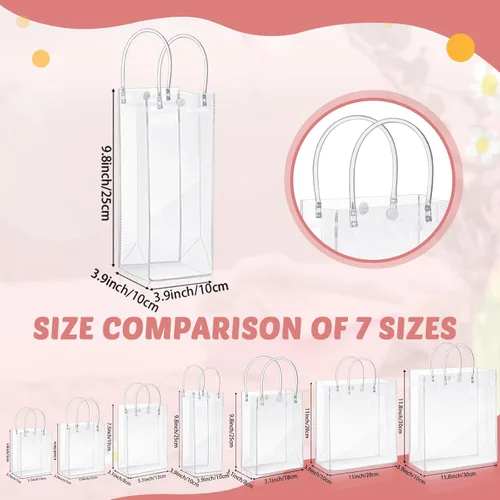 Vista 4 de LEIFIDE 50 bolsas de regalo de plástico transparente con asas, de PVC, reutilizables, transparentes, bolsas para dulces, escuela, fiesta