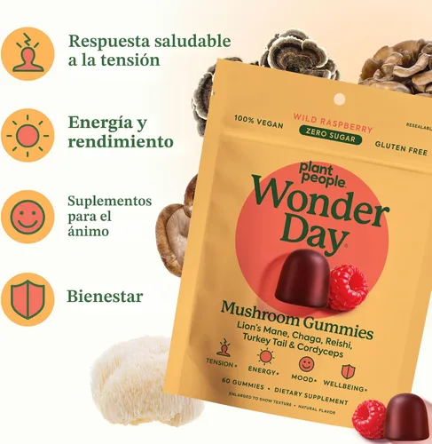 Vista 4 de Plant People WonderDay - Gomitas de hongos, melena de león, Cordyceps, suplemento de hongo Chaga para apoyar el sistema inmunológico, desestresar