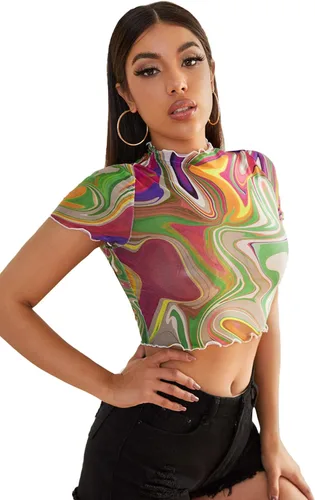Vista 4 de Sweatyrocks - Blusa de manga corta de tela de malla transparente para mujer