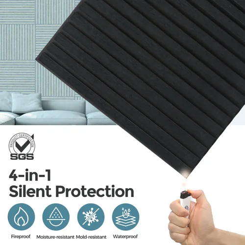 Vista 4 de AKUMAX Paquete de 4 paneles de madera, paneles de pared con listones 3D para pared, techo y absorción de sonido, paneles de pared de madera