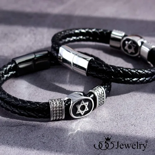 Vista 5 de 555Jewelry - Pulsera de piel trenzada de acero inoxidable con diseño de estrella de David para hombre
