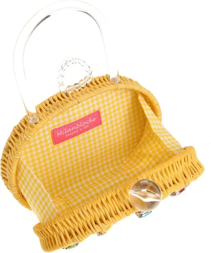 Vista 3 de MILANBLOCKS - Bolso de mano de mimbre con asa superior y diamante de miel para mujer bolso de mano acrílico Lucite para fiesta Mimbre de diamante