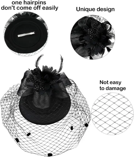Vista 4 de SATINIOR Sombrero de tocado para mujer, sombrero de pastillero, velo negro, sombrero funerario, sombrero de fiesta de té y guantes de encaje
