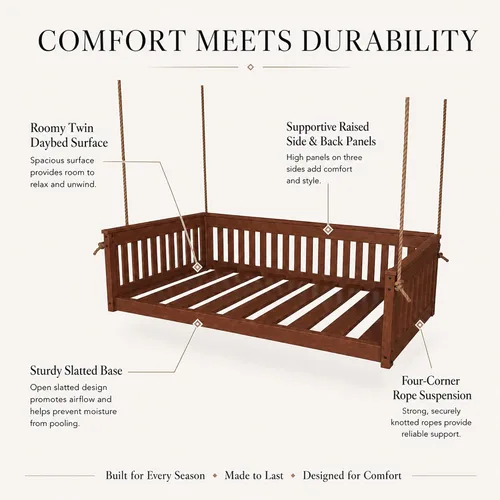 Vista 6 de Amish Twin Poly Lumber Wood Hanging Daybed, Antique Mahogany, USA Made Deep Seating Mission Collection HDPE Poly Lumber Twin Daybed with Rope