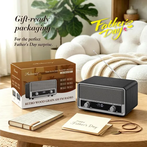Vista 8 de Radio Bluetooth AM FM de madera retro con pantalla de tiempo Negro Ceniza