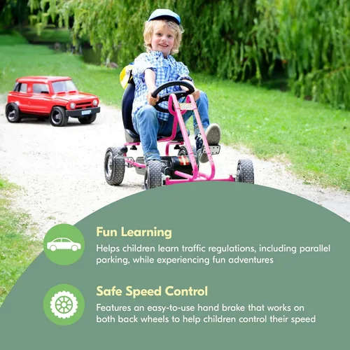 Vista 4 de Hauck Lightning Go Kart con pedal para niños de 4 a 8 años, asiento de cubo ajustable, ruedas de plástico con perfil de goma, freno de mano para Rosa