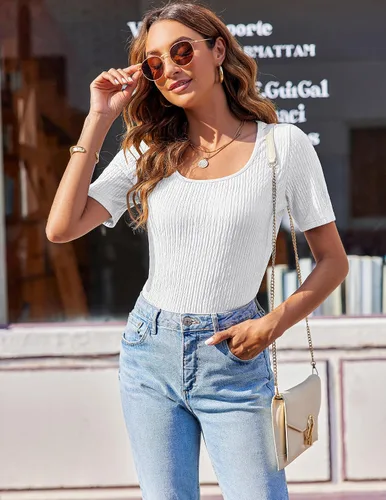 Vista 3 de Zeagoo Women's 2024 Short Sleeve T Shirt Square Neck Slim Fitted Tops Summer Basic Solid Color Tee Tops
