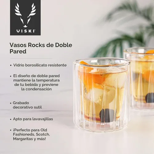 Vista 2 de Viski Vasos de doble pared con diseño de cristal cortado, aptos para lavavajillas, 10.5 onzas, juego de 2