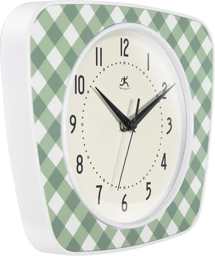 Vista 2 de Infinity Instruments LTD. Reloj de pared trapecio a cuadros, verde, 9.25" x 10.875