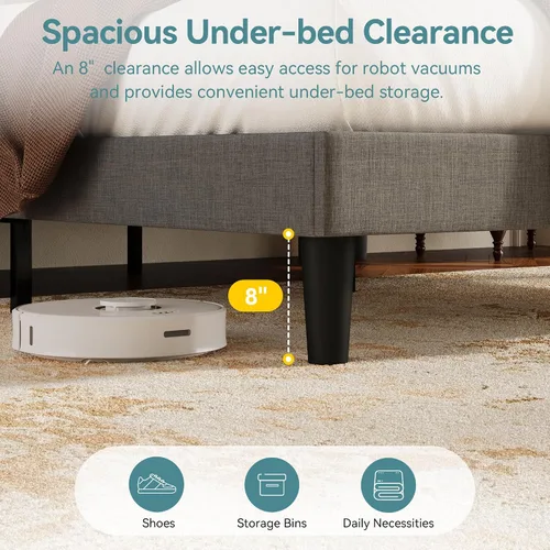 Vista 5 de HOOMIC Base de cama tapizada de tamaño matrimonial con cabecera geométrica moderna con respaldo de ala, listones de madera, no necesita somier, base
