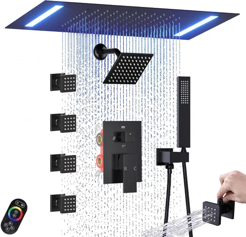 Vista 13 de ENGA - Sistema de ducha doble LED de lluvia, cabezal de ducha grande de 14 x 20 pulgadas + ducha de pared de 6 pulgadas, 4 chorros corporales