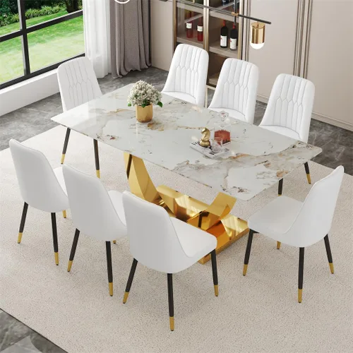 Vista 23 de Juego de mesa de comedor para 4, mesa de comedor de mármol sintético de 63 pulgadas con patas y base de acero inoxidable, sillas acolchadas