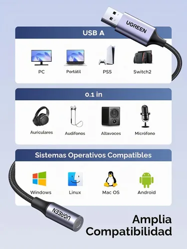 Vista 7 de UGREEN Adaptador de audio USB a conector de 0.1 in para auriculares DAC