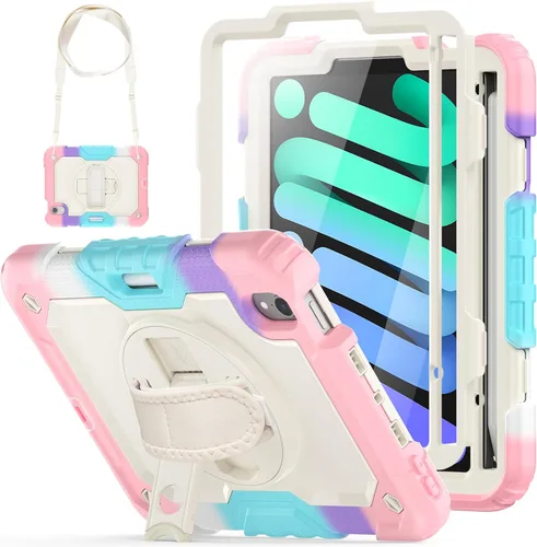 Vista 11 de HXCASEAC - Funda para iPad mini 7 (A17 Pro) / iPad mini 6 de 8,3 pulgadas, a prueba de golpes Pencil Holder Hand Strap Screen Protector