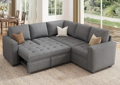 Vista 14 de HONBAY Sofá cama modular modular con cama extraíble, sofá en forma de L con asiento de almacenamiento, sofás seccionales para sala de estar, beige