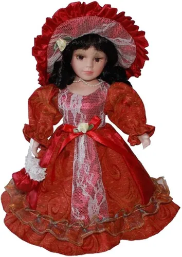 Vista 5 de Unknown - Miniaturas de porcelana elegantes de 12 pulgadas, pelo de niña, sombrero, bolso, zapatos, vestido y soporte de exhibición, color rojo
