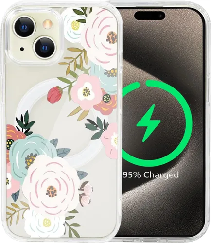 Vista 52 de Funda magnética de flores para iPhone 15 [compatible con MagSafe] Bonito patrón floral transparente a prueba de golpes