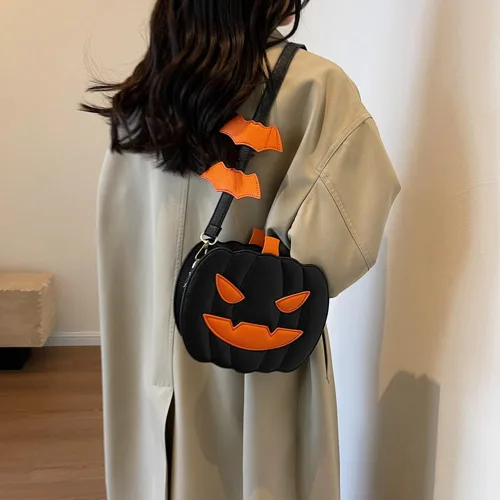 Vista 4 de Bolso cruzado de calabaza de Halloween para mujer, novedoso bolso de calabaza, bolso de hombro de diablo de Halloween, divertido bolso cruzado