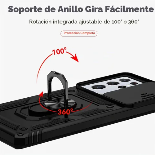 Vista 6 de Funda para Samsung Galaxy S21 Ultra con cubierta para lente de cámara, protector de pantalla HD, prueba de caídas de grado militar, soporte de Negro