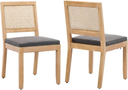 Vista 15 de ODUSE-DAILY Juego de 2 sillas de comedor French Country color beige, sillas de comedor de madera bohemia con respaldo tejido y asiento tapizado