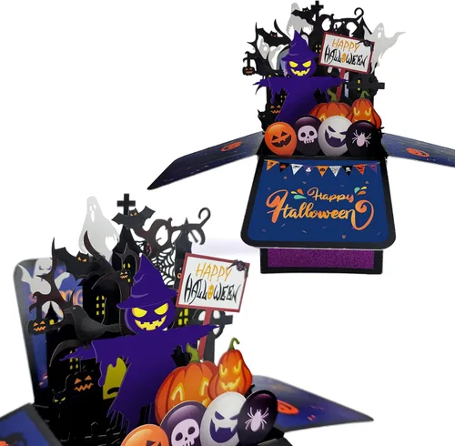 Vista 4 de Tarjeta de Halloween desplegable, tarjeta de felicitación de Halloween de calabaza 3D para niños, amigos, novio, novia, marido, él, mujeres, truco
