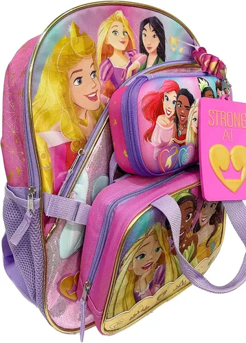 Vista 2 de Disney Princess - Mochila para niñas con bolsa de almuerzo juego de 4 piezas, Princesa 4 piezas
