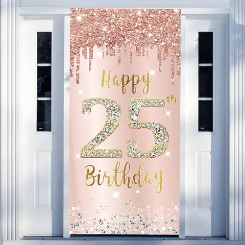 Vista 2 de Cartel decorativo para puerta de cumpleaños número 25 para mujer, cartel de fondo de cumpleaños de 25 años y suministros de fiesta de feliz