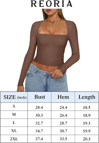 Vista 6 de REORIA Camiseta corta sexy de manga larga con cuello cuadrado para mujer Y2K