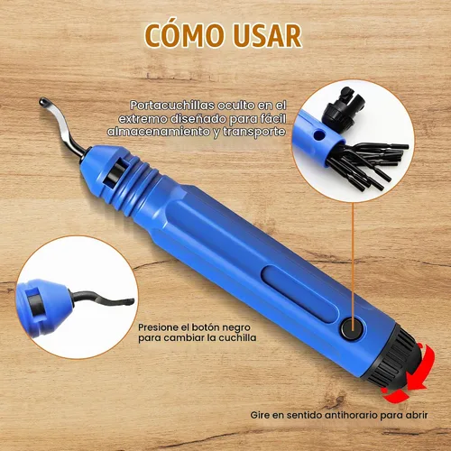 Vista 6 de Herramienta de desbarbado con 10 cuchillas de acero de alta velocidad, herramienta de desbarbado de tubería flexible con cuchillas giratorias, mango
