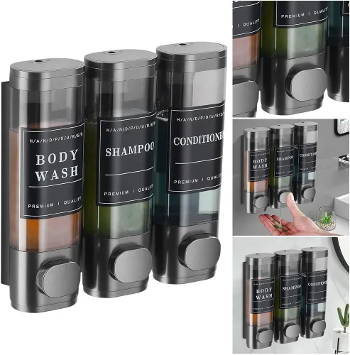 Vista 8 de Shampoo and Conditioner Dispenser 3 Chamber Shower Dispenser No Drill Gray