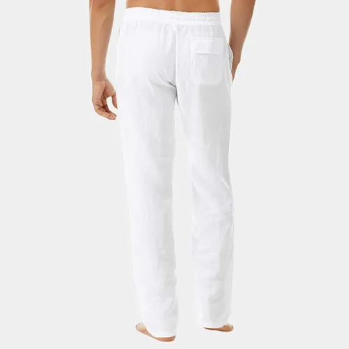 Vista 2 de BIFUTON Pantalones casuales de lino para hombre, holgados, ligeros, con cintura elástica, para yoga, playa, con cordón, pantalones casuales