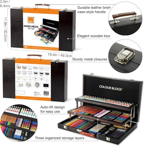 Vista 6 de COLOUR BLOCK Juego de arte mixto de 181 piezas en exquisita caja de madera, pinturas acrílicas y de acuarela, bocetos, lápices de colores, pasteles