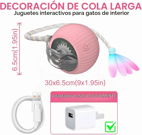 Vista 2 de Pelota interactiva para gatos, bolas rodantes inteligentes activas, juguetes automáticos para gatitos, con cola de malla elástica, recargable, bola