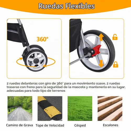 Vista 3 de Cochecito plegable para perros de 4 ruedas para gatos pequeños y medianos, cachorros, portátil, para viajes, campamento, con cesta de Negro