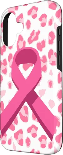 Vista 2 de Funda para iPhone 16 con cinta rosa en estampado de leopardo para concientización sobre el cáncer de mama
