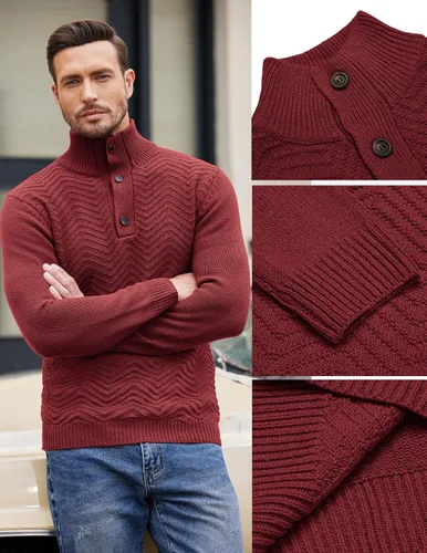 Vista 5 de COOFANDY Suéter de cuello alto Henley de punto trenzado para hombre