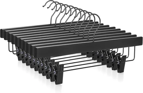 Vista 12 de TOPIA HANGER Perchas para pantalones, paquete de 10 perchas de bambú con clips negros y gancho giratorio, perchas duraderas de madera natural