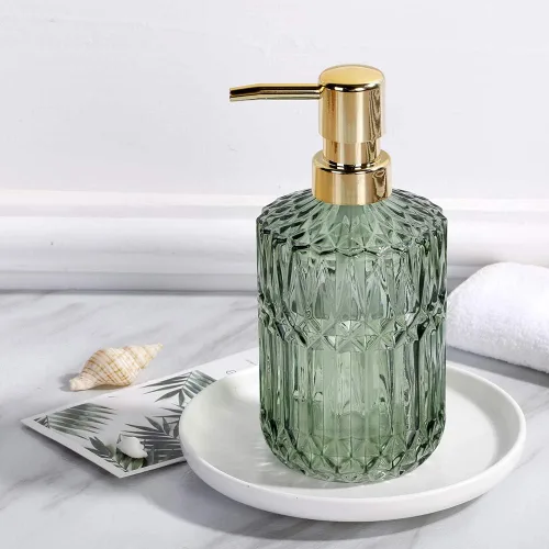 Vista 6 de YunNasi Dispensadores de jabón de vidrio con bomba, diseño de cristal, vintage y elegante, dispensadores de jabón líquido recargables para encimera