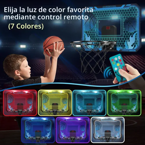 Vista 3 de VROGTIK Aro de baloncesto interior para niños con luces LED, mini aro de baloncesto con control remoto sobre la puerta, aros de baloncesto