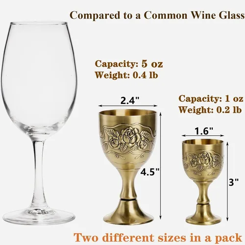 Vista 2 de DEAYOU Paquete de 2 mini copas de cáliz vintage, copa de comunión dorada en relieve de flores, apta para alimentos, resistente copa de vino de latón