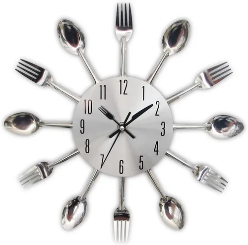 Vista 10 de Reloj de pared de cocina Timelike, reloj de cocina de cubertería 3D extraíble moderno creativo, cuchara y tenedor, reloj de pared con espejo Negro