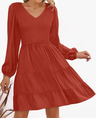 Vista 2 de ZESICA - Minivestido casual con cuello en V y manga larga para mujer, fruncido, de cintura alta y con volantes, vestido acampanado y escalonado
