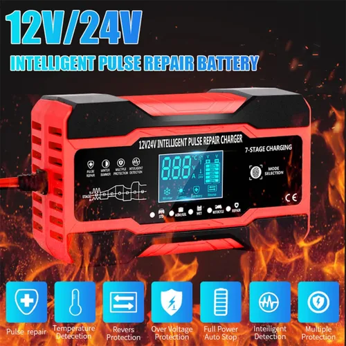 Vista 2 de Cargador de batería de coche de 10 amperios, desulfator de batería de coche inteligente completamente automático de 12V y 24V, cargador de goteo