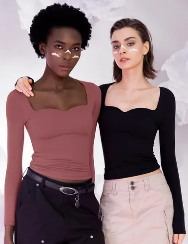 Vista 6 de PUMIEY Camisetas de manga larga para mujer, cuello corazón, ajustadas, para salir, sexy, básica, colección Smoke Cloud Pro